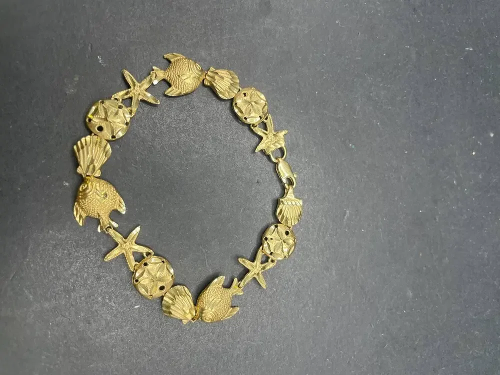 14K Yellow Gold Nautical Sea Life Link Bracelet Starfish Shell Fish 12.06 Grams